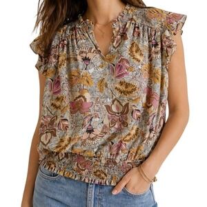 Rachel Zoe Floral Blouse Womens‎ Large Yellow Pink Smocked Waist Ruffle Sleeve